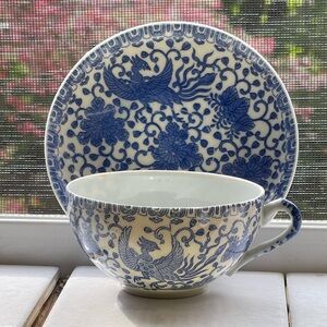 Vintage Porcelain Teacup & Saucer Blue & White Phoenix Flying Turkey No Damage